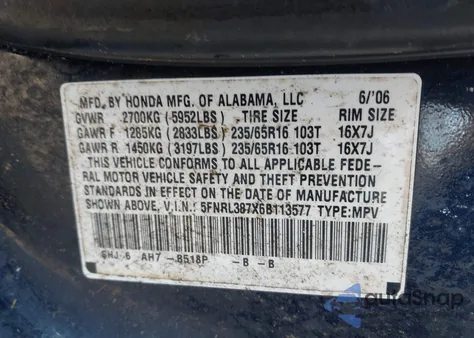 2006 Honda Odyssey Ex-L from USA, damaged, VIN 5FNRL387X6B113577